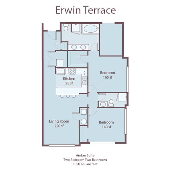A floor plan of the Erwin Terrace apartment, showing a living room, kitchen, and three bedrooms.