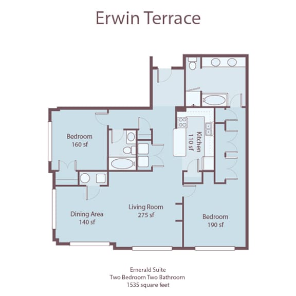 A floor plan of the Erwin Terrace, an Emerald Suite, showing the layout of the rooms and their respective sizes.