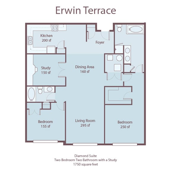A floor plan of the Erwin Terrace Diamond Suite, showing a living room, two bedrooms, a study, a dining area, a kitchen, and a foyer.