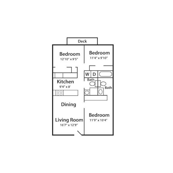 A floor plan of a small apartment with a kitchen, two bedrooms, a living room, and a dining area.