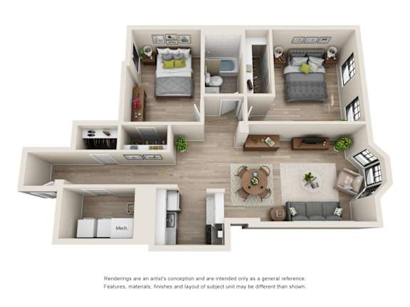 Floor Plan  A floor plan of a house with a kitchen, living room, and two bedrooms.
