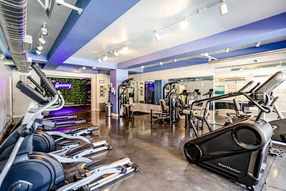 A gym with a row of stationary bikes and a treadmill.