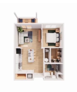 A dollhouse with a kitchen, living room, and bathroom.