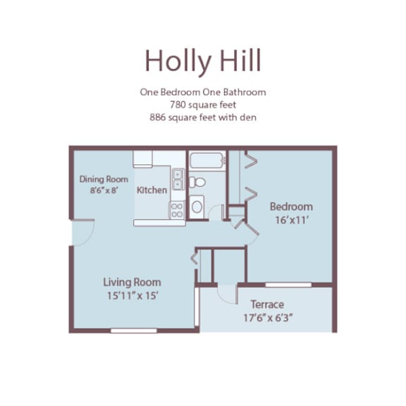 A floor plan of a one bedroom, one bathroom apartment named Holly Hill.