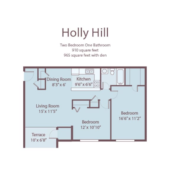 A floor plan for a two bedroom, one bathroom apartment.