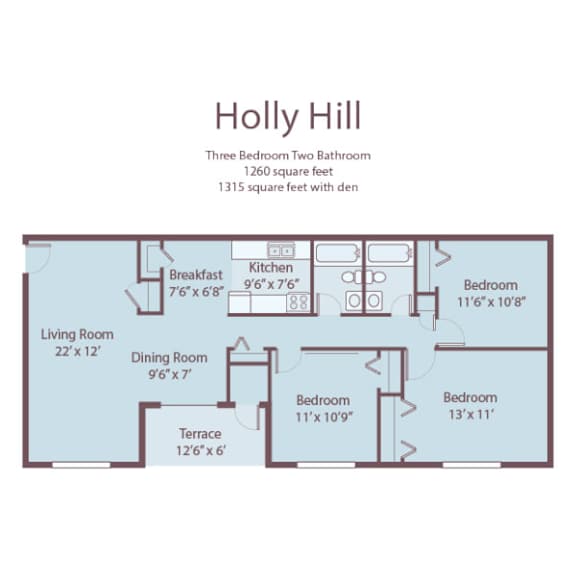 A floor plan of a three bedroom, two bathroom apartment.