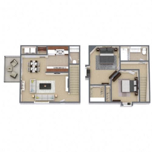 Two images of a house layout with a kitchen, living room, and bedrooms.