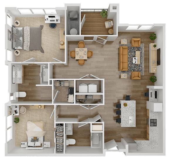 A bird's eye view of the James floor plan featuring bedrooms, kitchen, living, and dining areas.