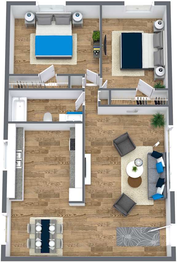 A top-down view of a house layout with a living room, dining area, kitchen, and bedrooms.