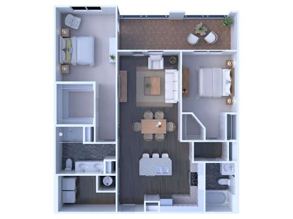 A floor plan of a house with a kitchen, living room, dining room, and two bedrooms.