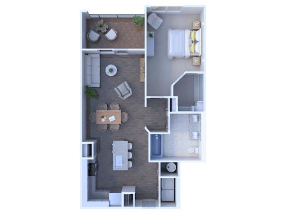 A top-down view of a small apartment with a kitchen, living room, and bedroom.