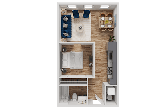 A small apartment with a bedroom, living room, and kitchen.