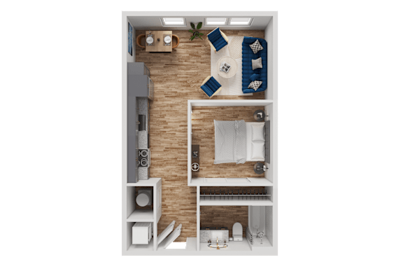A top-down view of a small apartment with a bedroom, living room, and kitchen area.