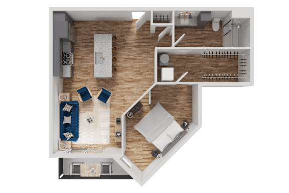 A top-down view of a house layout with a kitchen, living room, and dining area.