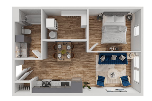 A 3D rendered image of a modern apartment layout.