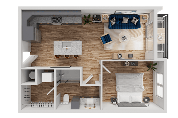 A top-down view of a small apartment with a bedroom, living room, and kitchen.