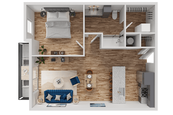 A 3D floor plan of a small apartment with a living room, kitchen, and bedroom.