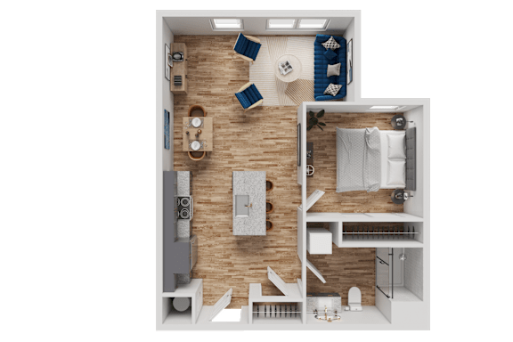 A top-down view of a small apartment with a kitchen, living room, and bathroom.