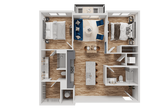 A detailed 3D floor plan of a small apartment layout.