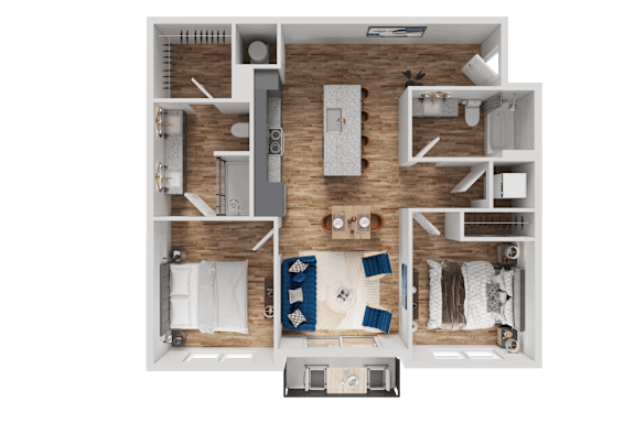 A top-down view of a small apartment layout with a kitchen, living room, and bedrooms.