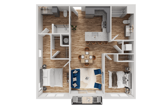 A top-down view of a small apartment with a kitchen, living room, and bathroom.