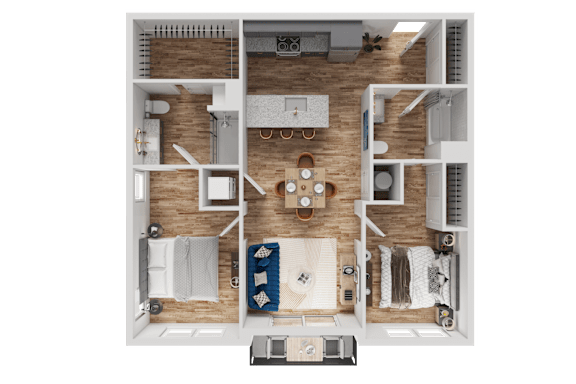 A top-down view of a small apartment layout with a kitchen, living room, and bedrooms.