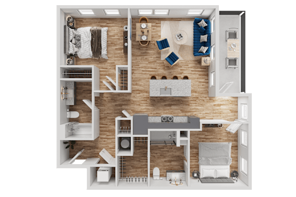 A top-down view of a well-organized apartment layout.