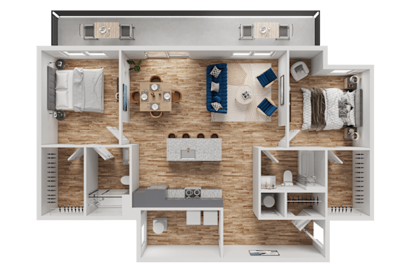 A 3D floor plan of a house layout.