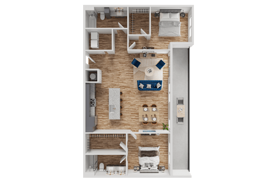 A 3D floor plan of a small apartment with a kitchen, living room, and bathroom.