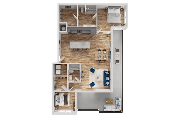 A detailed 3D floor plan of a small apartment.