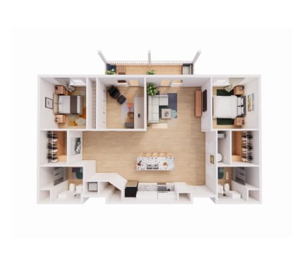 A top-down view of a house layout with a living room, kitchen, and bedrooms.