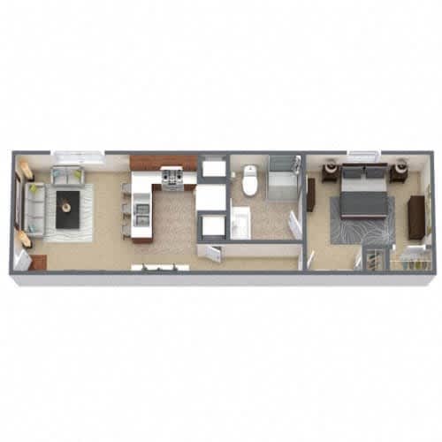 A floor plan of a house with a kitchen, living room, and two bedrooms.