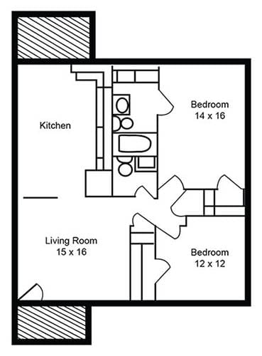 A black and white image of a floor plan for a home with a kitchen, living room, and two bedrooms.