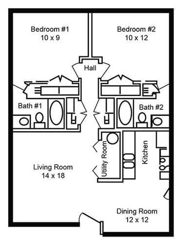 A drawing of a house layout with two bedrooms, a living room, a dining room, a kitchen, a hall, and two bathrooms.