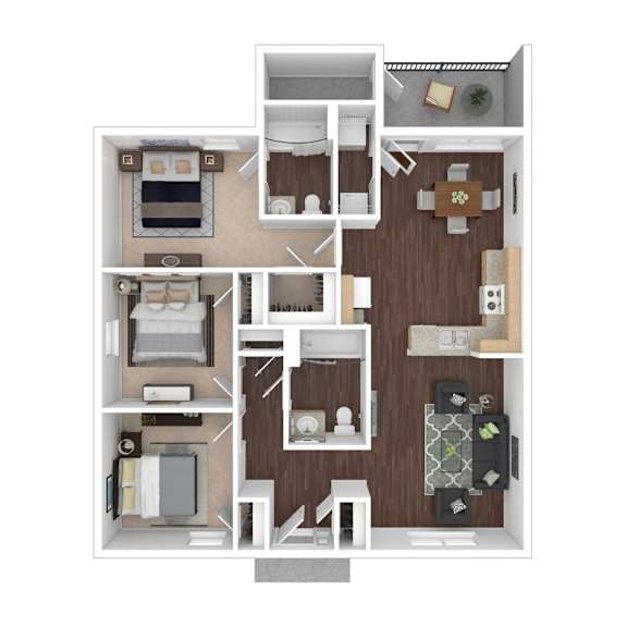 A top-down view of a house layout with multiple rooms.