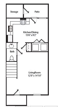 A floor plan of a home with a living room, kitchen/dining area, and bath.