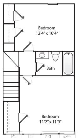 A floor plan of a small apartment with two bedrooms and a bathroom.
