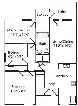 A floor plan of a home with a master bedroom, two additional bedrooms, a living/dining area, a kitchen, and a patio.