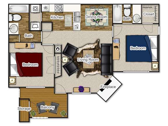 A floor plan of a house with a living room, dining room, kitchen, and bedrooms.