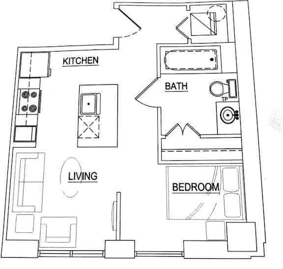 A floor plan of a small apartment with a kitchen, living room, and bedroom.