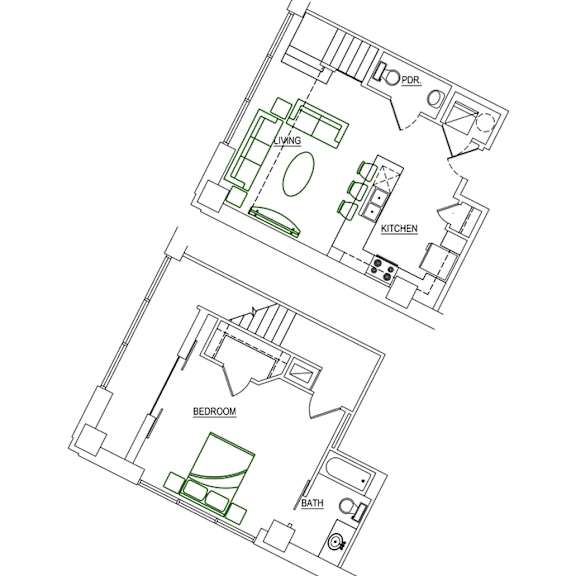 A floor plan of a house with a kitchen, living room, and bathroom.