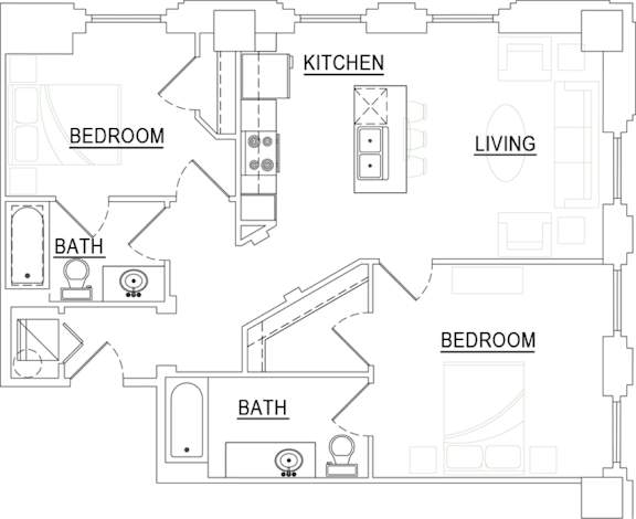 A floor plan of a house with a kitchen, living room, and two bedrooms.