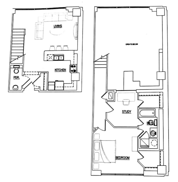 A floor plan of a house with a living room, kitchen, study, and bedroom.