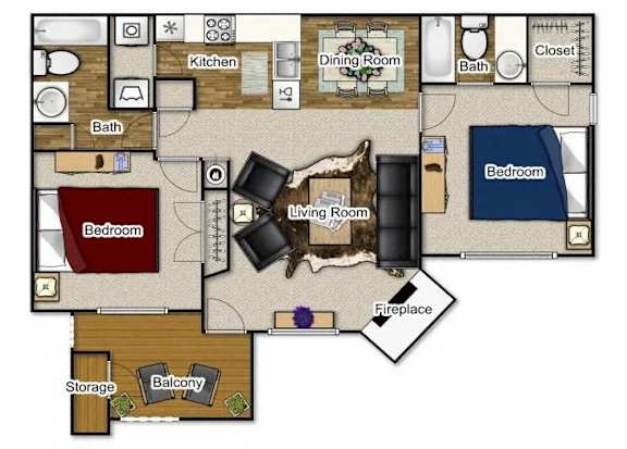 A floor plan of a house with a living room, dining room, kitchen, and two bedrooms.