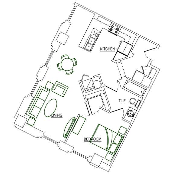 A floor plan of a house with a living room, bedroom, and kitchen.