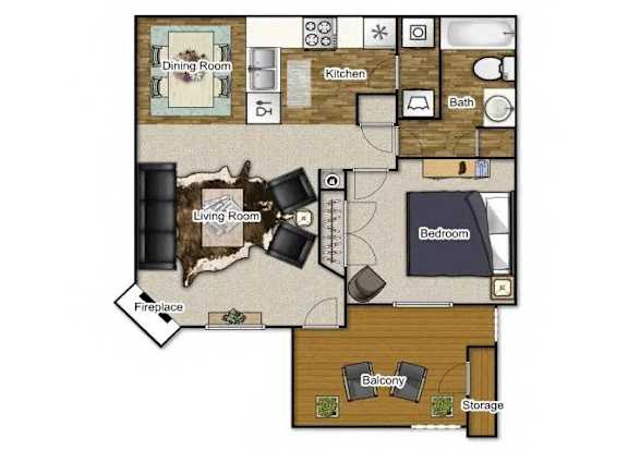 A floor plan of a house with a living room, dining room, kitchen, two bedrooms, a fireplace, and storage.