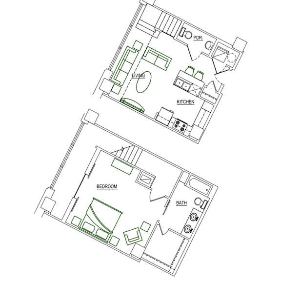 A floor plan of a house with a kitchen, living room and bathroom.