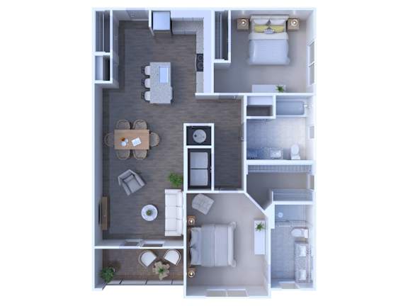 A top-down view of a small apartment with a kitchen, living room, and bathroom.