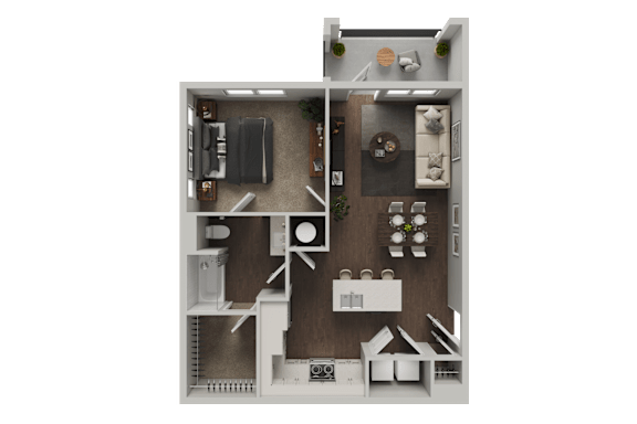 A floor plan of a small apartment with a kitchen, living room, and bathroom.
