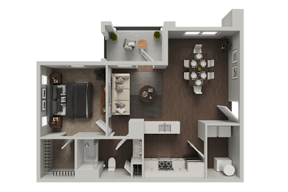 A 3D rendered image of a small apartment layout.